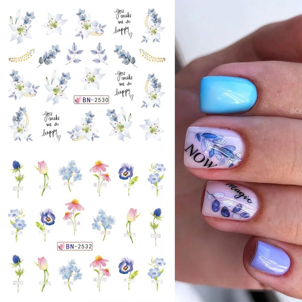 12 Sheets Flower Water Transfer Nail Stickers Purple Fresh Flower Nail Art Decals with Assorted Pattern Blossom Floral Butterfly Dragonfly DIY Nail Art supplies for Women Nail Decorations Manicure Tip-GlimoraGlow