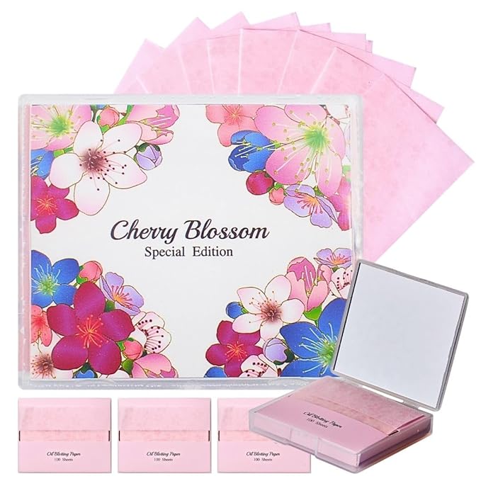 [400 Counts + Mirror Case] Cherry Blossom Natural Oil Blotting Paper for Face with Mirror Compact and Refills-GlimoraGlow
