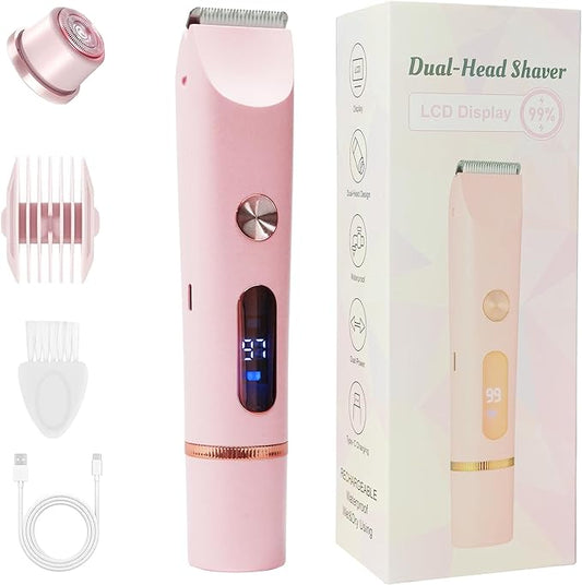 2025 Upgraded Bikini Trimmer for Women & 2 in 1 Dermave Bikini Shaver with LCD Display, Dual Head Cordless Electric Shaver, IPX7 Waterproof Wet/Dry Body Hair Trimmer for Face Body Intimate Areas,Pink-GlimoraGlow