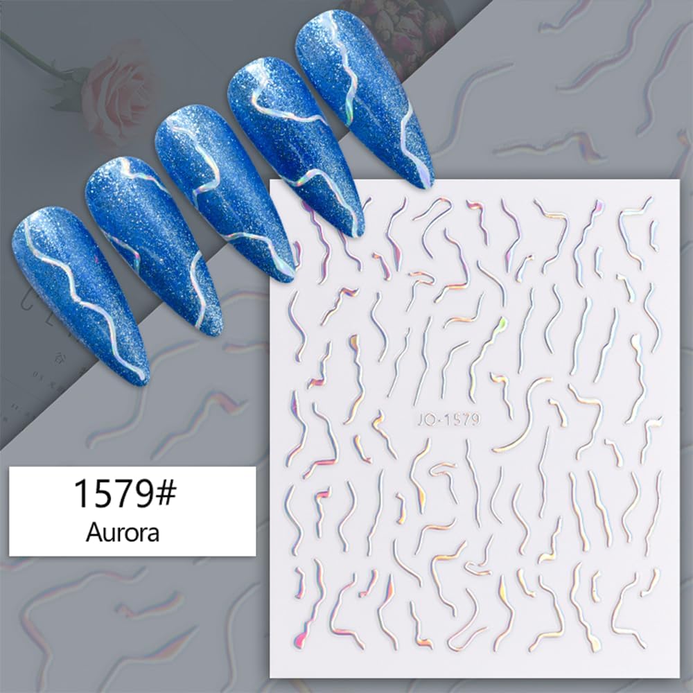 12 Sheets French Line Nail Art Stickers Aurora Star Heart Nail Decals Self-Adhesive Pegatinas Uñas Glitter Holographic Laser Silver Nail Supplies for Women Nail Art Design Decoration-GlimoraGlow