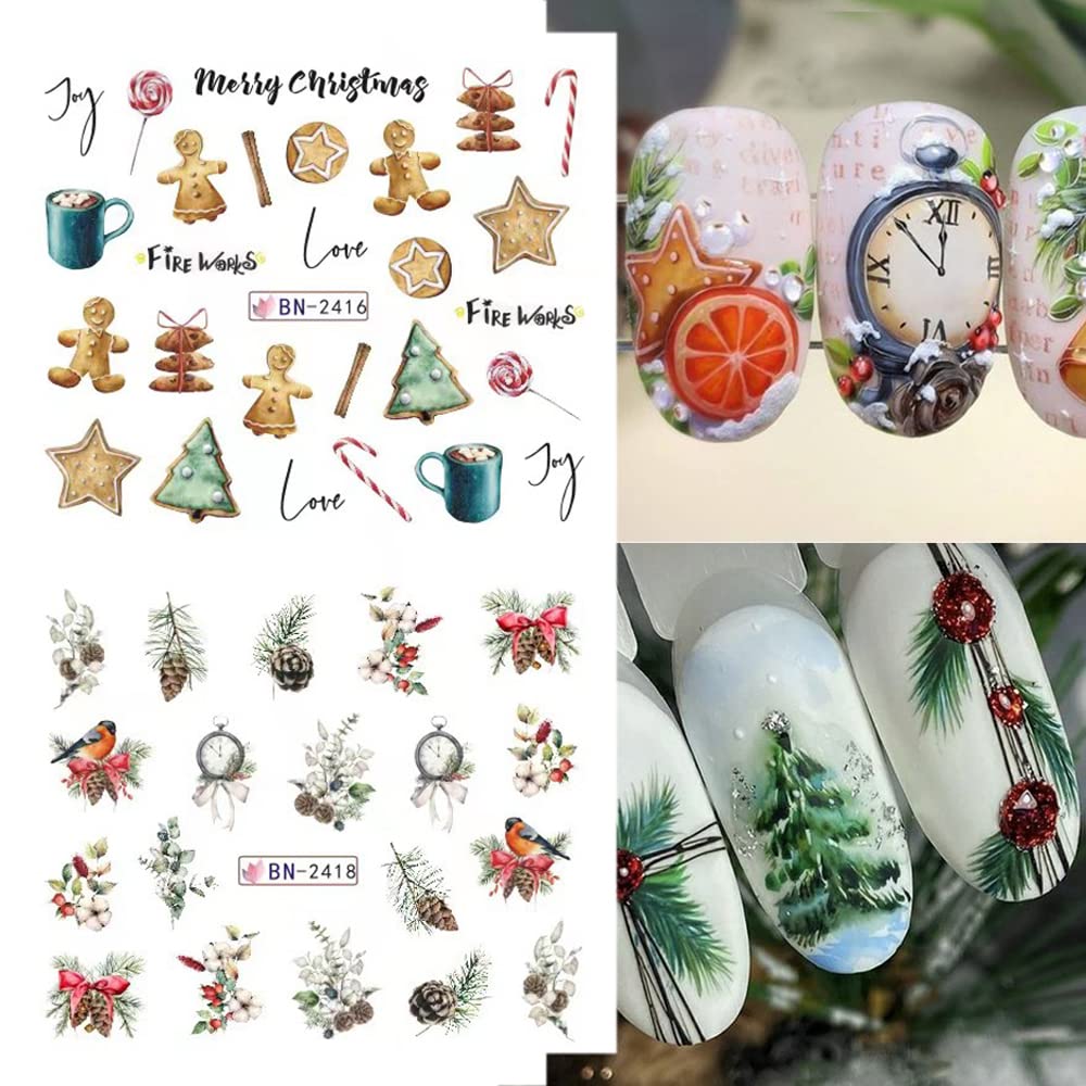 12 Sheets Christmas Nail Art Stickers Snowflake Water Transfer Nail Decals Holographic Gingerbread Man Snow Trees Winter Design Watermark Nail Foils Stickers for Women Xmas Nail Decorations-GlimoraGlow