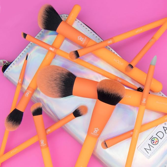 MODA Totally Electric Neon Orange Full Face Makeup Brush Kit – 13pc Vibrant Brush Set for Face & Eyes with Zip Case-GlimoraGlow