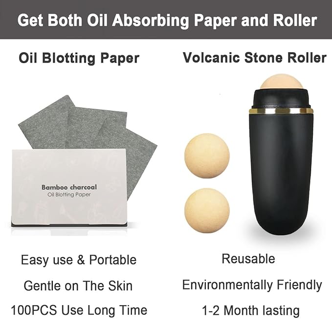 103 PCS Volcanic Roller Oily Skin Oil Control On The Go Volcanic Face Roller Oil Absorbing Volcanic Roller with Oil Blotting Sheet Paper for Oily Skin Care Oil Control Film Tissues (Type2)-GlimoraGlow