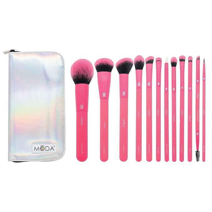 MODA Totally Electric Neon Full Face Makeup Brush Kit – 13pc Vibrant Brush Set for Face & Eyes with Zip Case (Neon Pink)-GlimoraGlow