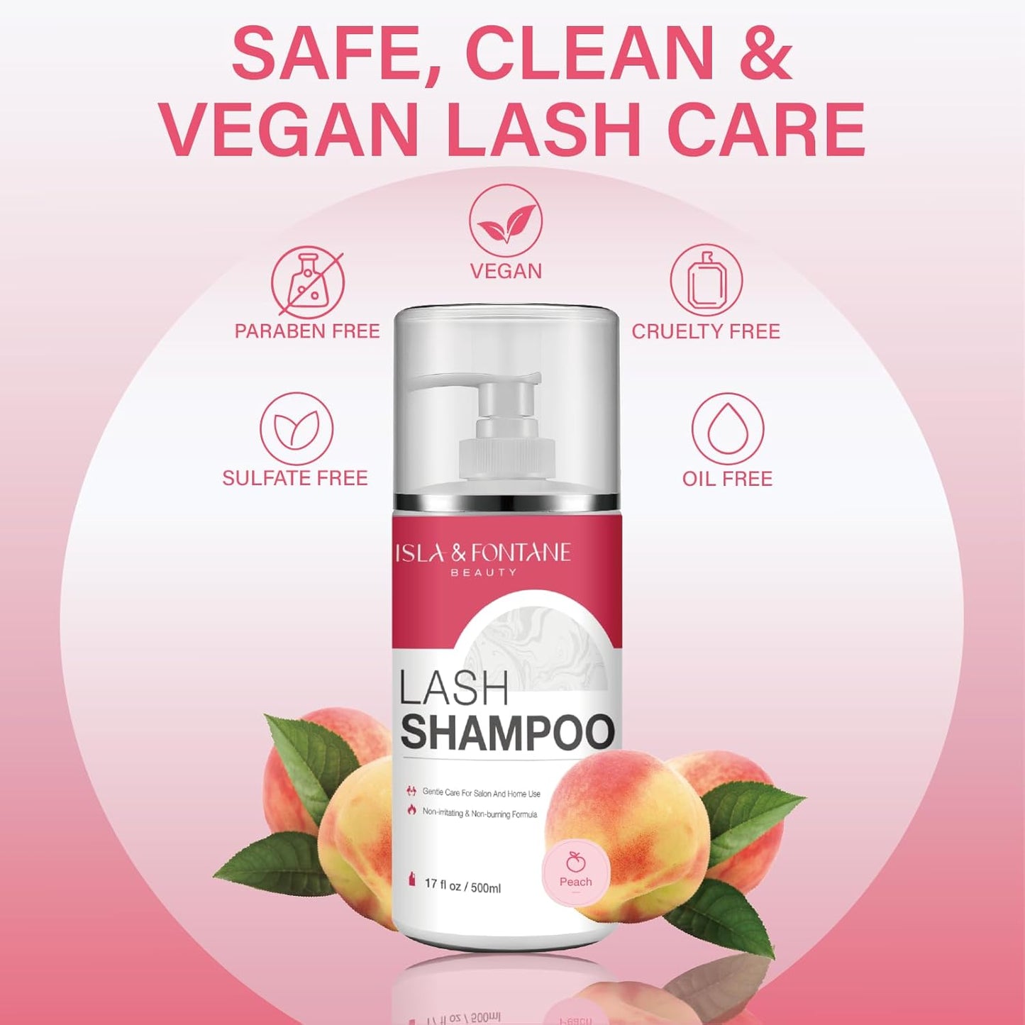 ISLA & FONTANE Lash Shampoo Bulk – Multi-Scent Series – 17 fl oz / 500ml | Gentle Eyelash Cleanser for Lash Extensions | Non-Irritating | Professional Lash Bath Foam For Salon And Home Use (Peach)-GlimoraGlow