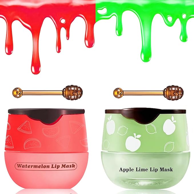 2 PCS Bee Lip Balm Honey Pot, Watermelon & Apple Lime Sleeping Lip Mask Overnight, Hydrating Prevention Dry and Cracked Lip Scrub, Reduces Lip Lines, Brightening Lip Color-GlimoraGlow
