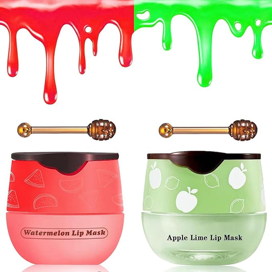 2 PCS Bee Lip Balm Honey Pot, Watermelon & Apple Lime Sleeping Lip Mask Overnight, Hydrating Prevention Dry and Cracked Lip Scrub, Reduces Lip Lines, Brightening Lip Color-GlimoraGlow