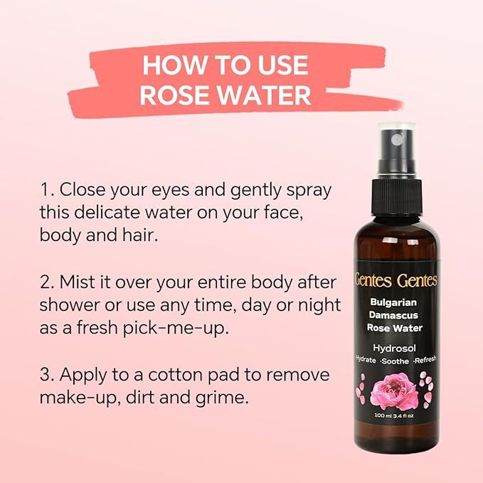 100% Pure Bulgarian Damascus Rose Water Hydrosol – Luxury Facial Toner for Hydration & Radiant Skin, Body Mist & Pillow Spray | Natural Skincare | 3.4 fl oz-GlimoraGlow