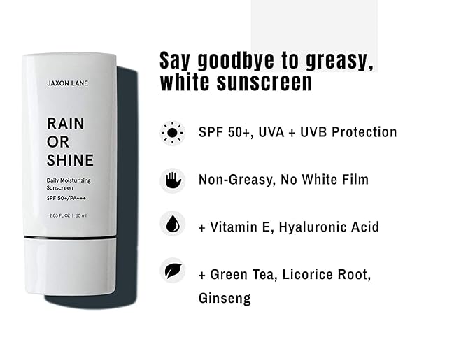 RAIN OR SHINE Anti Aging Face Sunscreen SPF 50 for Clear Skin w/Green Tea, Hyaluronic Acid, Vitamin E Oil, Ginseng Extract, Licorice Root, SPF Moisturizer for Face & Body Cream 2.03 Oz, Unscented, 2Pk-GlimoraGlow