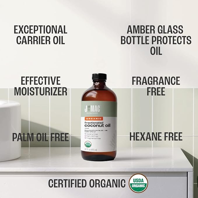 J MAC BOTANICALS Organic Fractionated Coconut Oil (16 Ounce Glass Bottle) Organic Carrier Oil and for DIluting Essential Oils, Moisturizer, Hair Care-GlimoraGlow