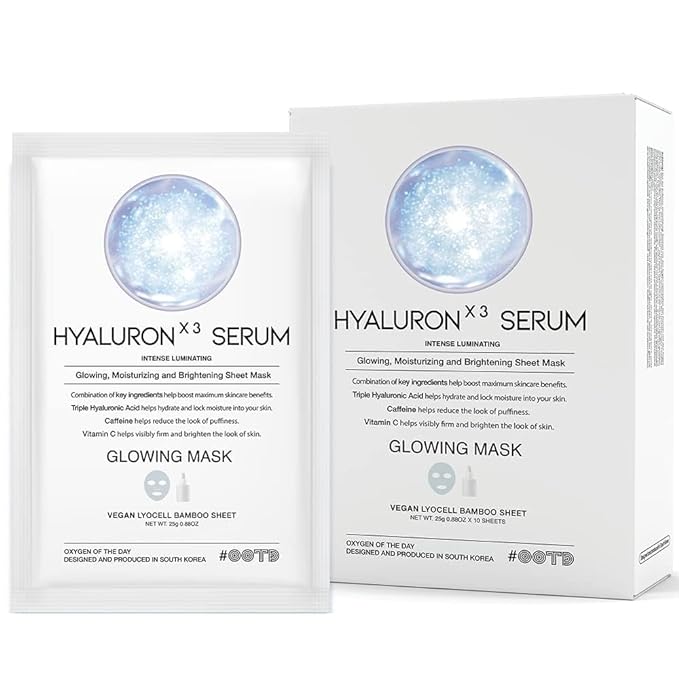 #OOTD Triple Hyaluron Hydrating Mask for Dry and Sensitive Skin, Anti Aging, Tightening and Moisturizing, Korean Vegan Beauty, Hyaluronic Acid, Caffeine, Vitamin C 10EA-GlimoraGlow