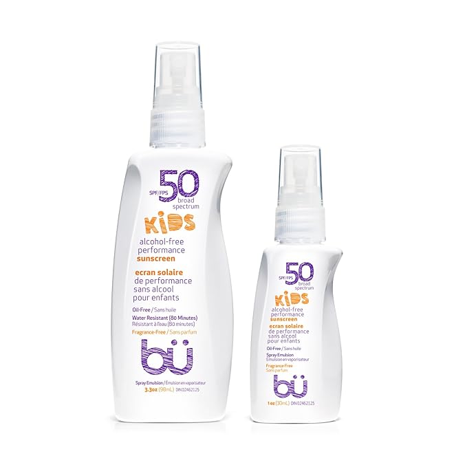 BU SPF 50 Fragrance Free Kids Sunscreen Spray for Face and Body, TSA Travel Size Sunscreen, Clear Non Aeorsol Spray, Non Greasy, Water Resistant and Oil Free, 3.3 oz and 1 oz (2-Piece Bundle)-GlimoraGlow
