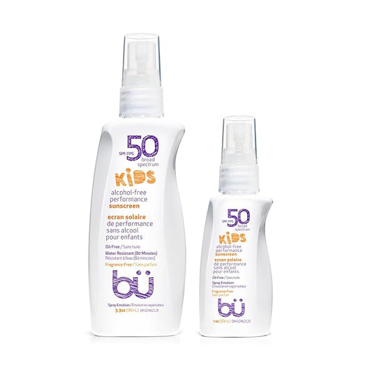 BU SPF 50 Fragrance Free Kids Sunscreen Spray for Face and Body, TSA Travel Size Sunscreen, Clear Non Aeorsol Spray, Non Greasy, Water Resistant and Oil Free, 3.3 oz and 1 oz (2-Piece Bundle)-GlimoraGlow
