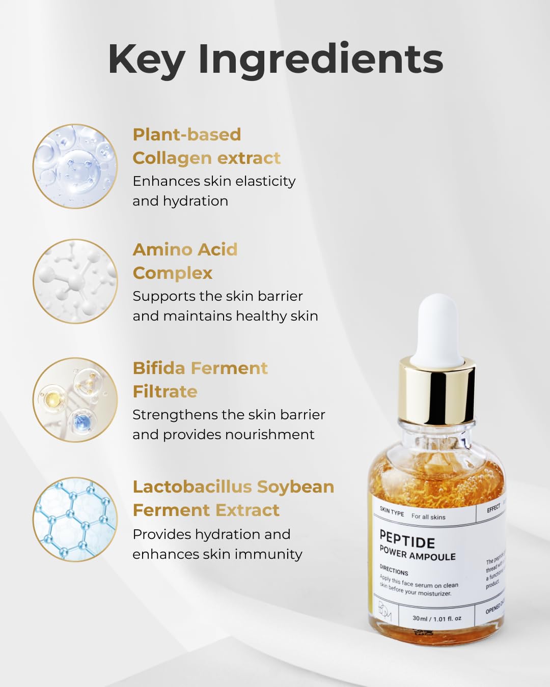 BOM COSMETICS Peptide Power Ampoule 1.01 Fl Oz, Penta-Peptide with 24k Gold Thread and 99% Pure Gold for Skin Collagen Boost, Firming Serum to Improve Elasticity and Radiance, Korean Skin Care-GlimoraGlow