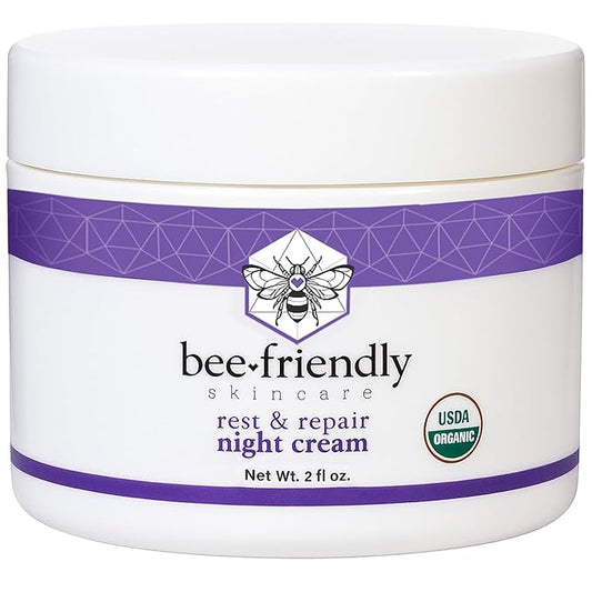 BeeFriendly Organic Night Cream, USDA Certified Organic, Deep Hydrating & Moisturizing Night Time Eye, Face, Neck & Decollete Cream for Women and Men, Anti Aging, Anti Wrinkle 2 oz-GlimoraGlow