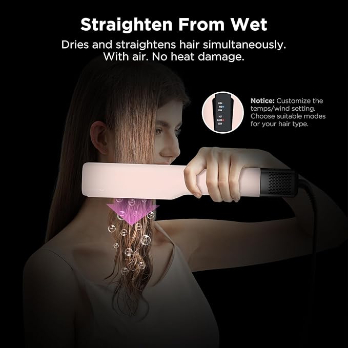 IG INGLAM Air Straightener, Style from Wet Hair, 2.2" Hair Dryer Straightener, 200M Negative Ionic, One-Step Air Straight for Medium and Long Hair(14"-30"), Pink-GlimoraGlow