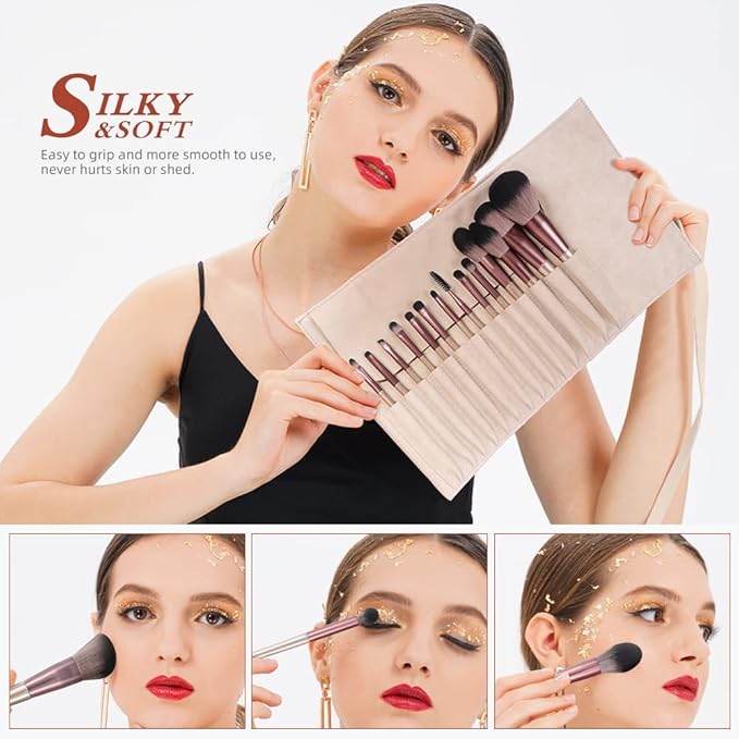 DUcare Makeup Brushes with Bag - 14Pcs Professional Synthetic Make Up Brushes Set for Blush Concealer Foundation Bronzer Powder Eyebrow Eyeshadow Blending Makeup Brush Set Mekaup bag, Rose Golden-GlimoraGlow