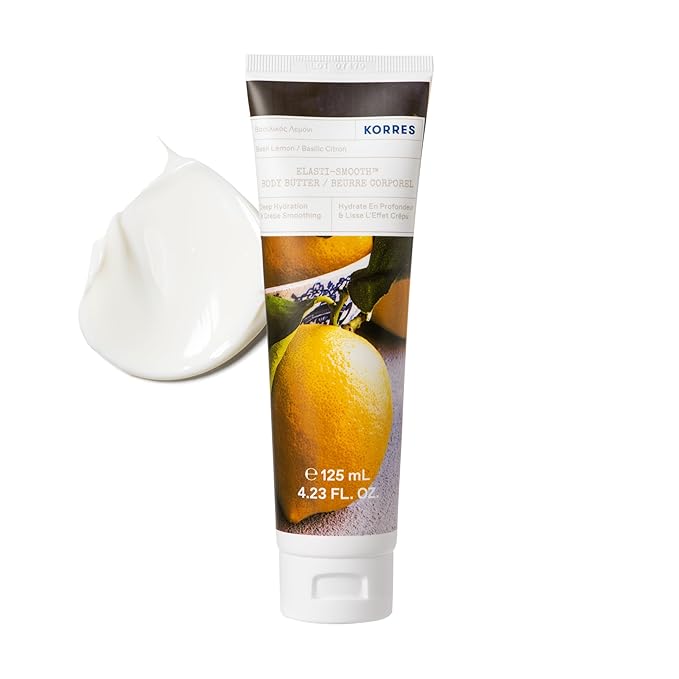KORRES Elasti-Smooth Basil Lemon Body Butter With Shea Butter, Squalane And Greek Safflower Oil For Velvety Skin Texture, Fast Absorbing Whipped Moisturizer With Herbal Citrus Scent, 4.23 Fl Oz-GlimoraGlow