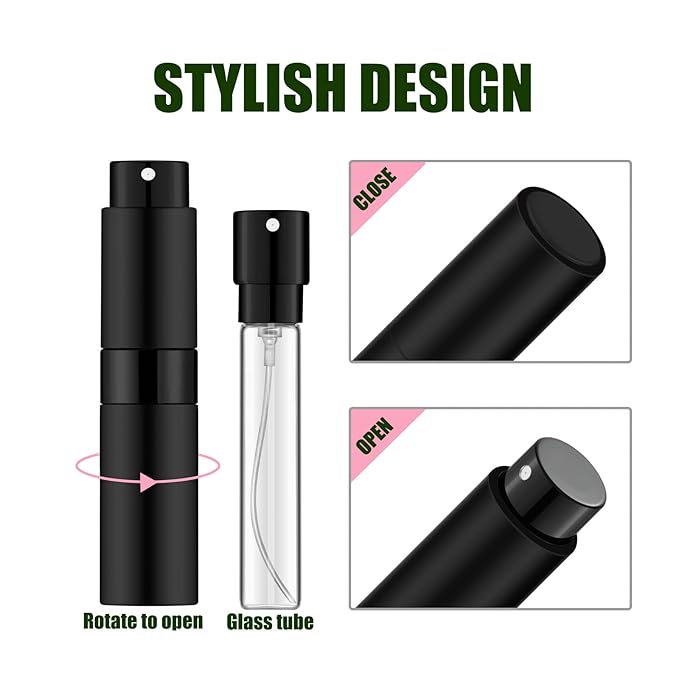 2 PCS/8ml Portable Mini Perfume Atomizer bottles, Empty Refillable Spray Bottle with 3 Types of Refill Tools, Pocket Travel Perfume Sample Bottles(Matte Black&Silver)-GlimoraGlow