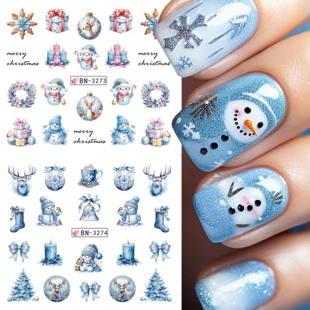 12 Sheets Christmas Nail Art Stickers Winter Snowflake Snowman Water Transfer Nail Decals Xmas Tree Santa Claus Penguin Gingerbread Man Design Acrylic Nail Foils for Women Kids DIY Holiday Nail Decor-GlimoraGlow