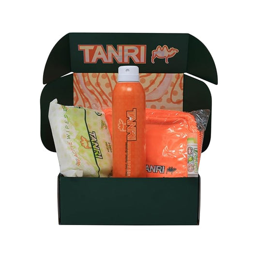 TANRI Primo Explorer Pack; Includes SPF50+ Sunscreen Spray that Goes on Clear, Active Wipes No-Rinse Body Wipes, Moisturizing SPF15 Pear Lip Balm and an Adjustable Fanny Pack (4-Pack Bundle)-GlimoraGlow