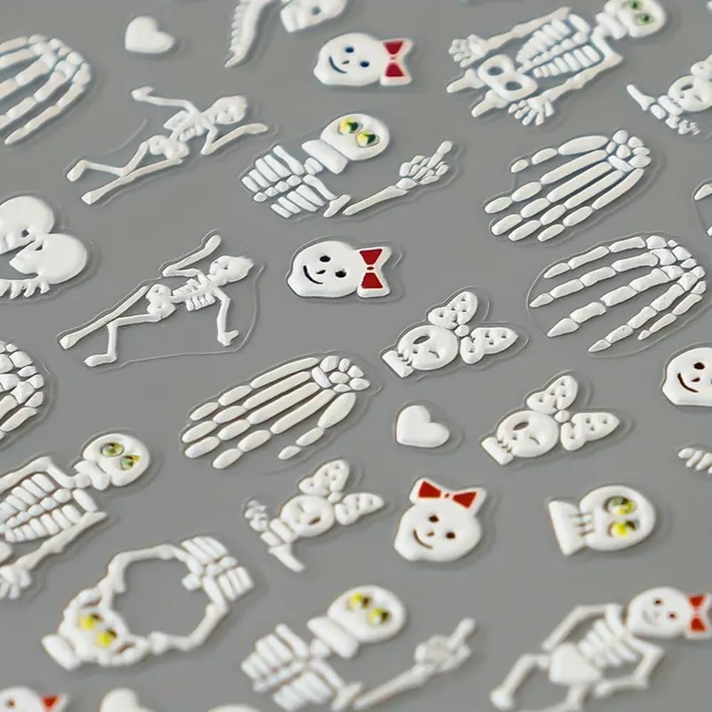 2 Sheets Halloween 5D Embossed Nail Art Stickers - Skeleton, White Skull Nail Stickers with Spider Web Heart Design - Self-Adhesive Horror Decals for Women - Art Supplies and Decorations-GlimoraGlow