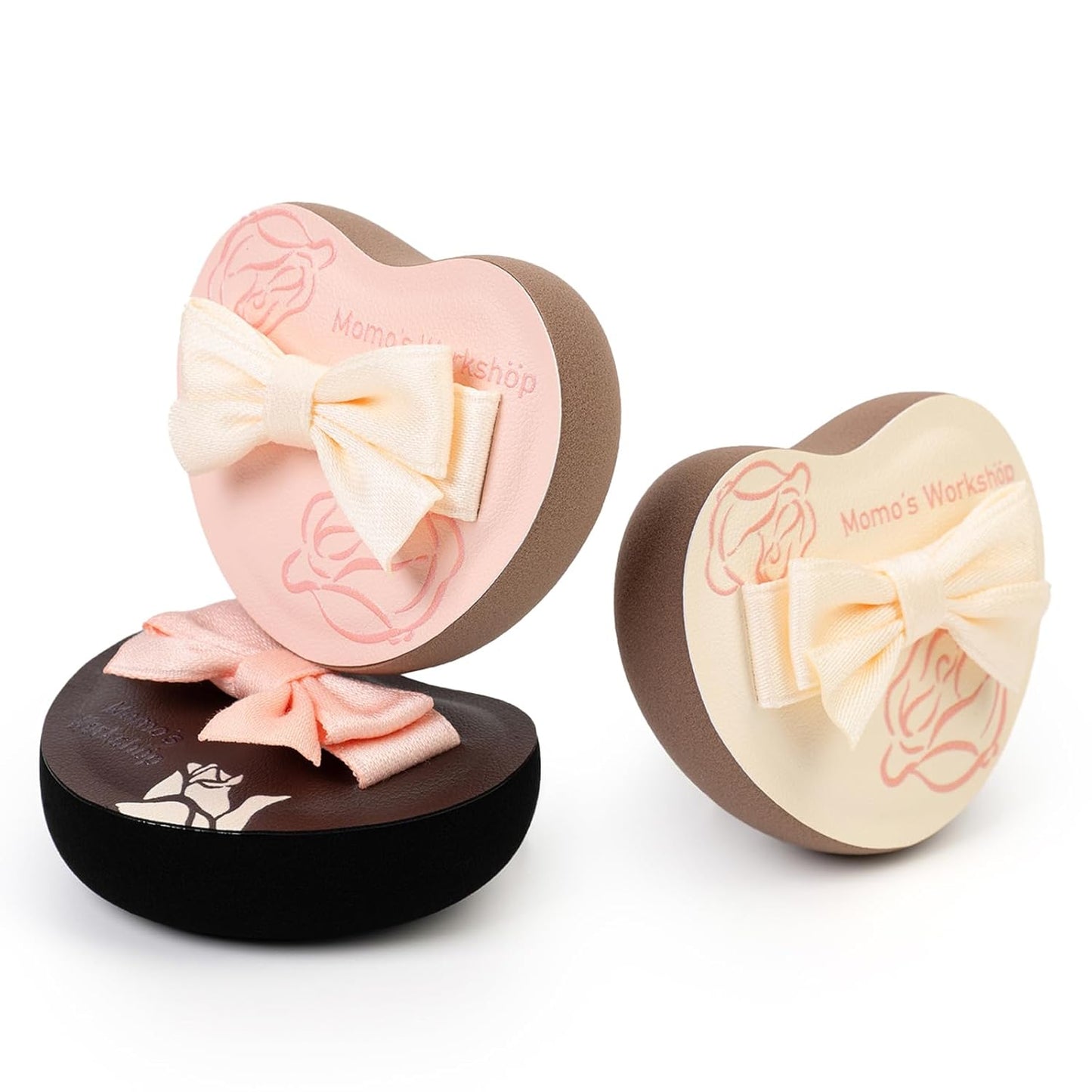 Heart-Shaped Makeup Sponge,Firm Bounce Rubycell, Foundation Sponge with Bow Tie Strap, for Precision Blending of Concealer/Cream Products, 3-Colors,Travel Friendly & Reusable & Storage Case-GlimoraGlow