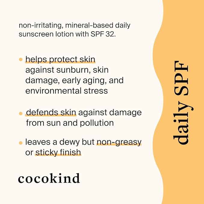 Cocokind Daily SPF, Mineral Face Sunscreen with Zinc Oxide, SPF 32, Reef Safe, Unscented, All Skin Types, Non-Toxic, Cruelty Free, 1.7 fl oz-GlimoraGlow