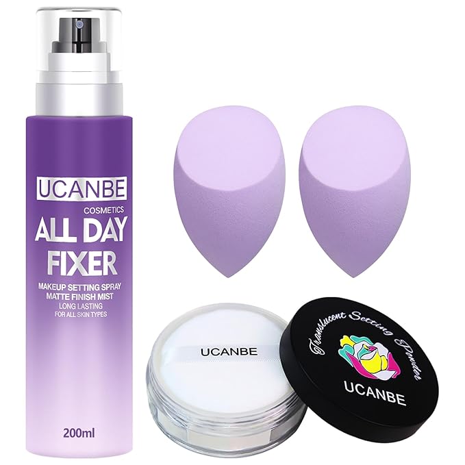 UCANBEMAKUP Long Lasting Makeup Setting Spray Kit- 6.76 Fl oz Hydrating Matte Finish Mist Lightweight Face Make up Fixer +Translucent Loose Setting Powder+2PC Sponge Puff Set-GlimoraGlow