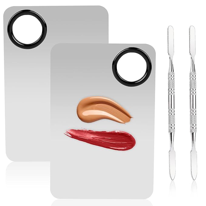 2 Sets Foundation Palette Makeup Mixing Palette Stainless Steel Cosmetic Mixing Palette with Spatula Makeup Artist Tool for Mixing Foundation Eye Shadow Eyelash Nail Art (4.52 x 2.99 inch)-GlimoraGlow