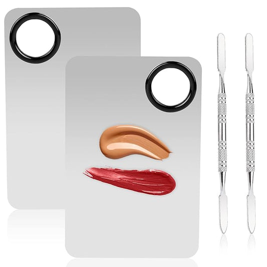 2 Sets Foundation Palette Makeup Mixing Palette Stainless Steel Cosmetic Mixing Palette with Spatula Makeup Artist Tool for Mixing Foundation Eye Shadow Eyelash Nail Art (4.52 x 2.99 inch)-GlimoraGlow