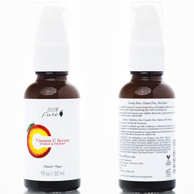 100% PURE Vitamin C Face Serum Hydrating Glow Skin Care with ALA Aloe + Vitamin E Oil - Daily Firming & Correcting Anti Aging Facial Moisturizer for Women & Men All Skin Types, Vegan - 1 Fl Oz-GlimoraGlow