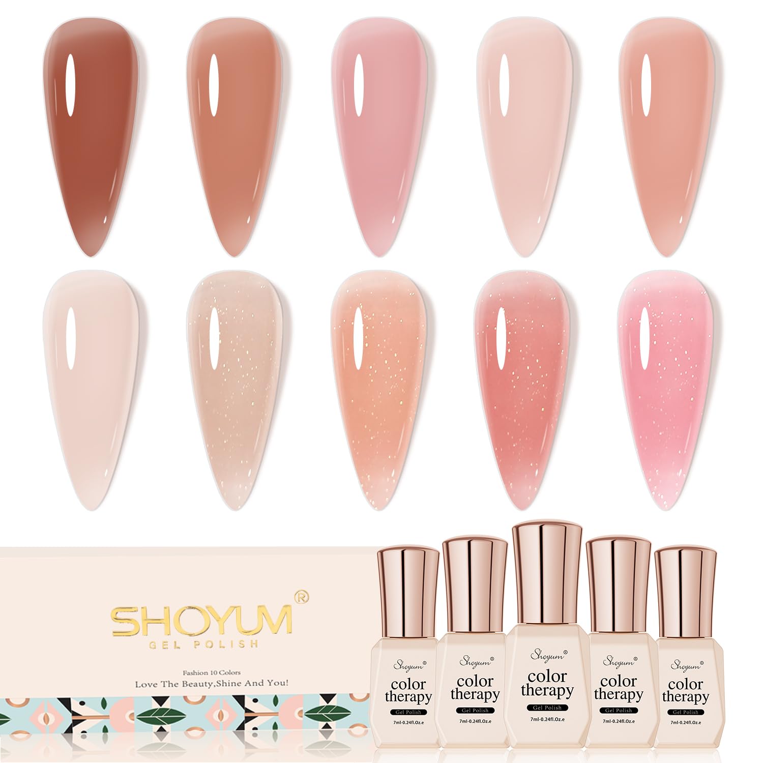 Jelly Nude Gel Nail Polish Set 10Pcs Neutral Skin Color Rose Maple Red Shimmer Gel Polish Kit Semi-Transparent Nail Polish Fall Nail Gel UV LED Soak Off Home DIY 7ml-GlimoraGlow