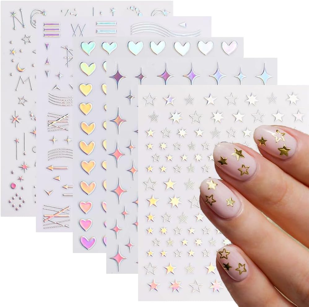 10 Sheets Aurora Nail Art Stickers 3D Pegatinas Uñas Holographic Laser Heart Star Moon Flame Nail Decals Self Adhesive Nail Stickers Nail Supplies DIY Nail Design Nail Art Decoration-GlimoraGlow
