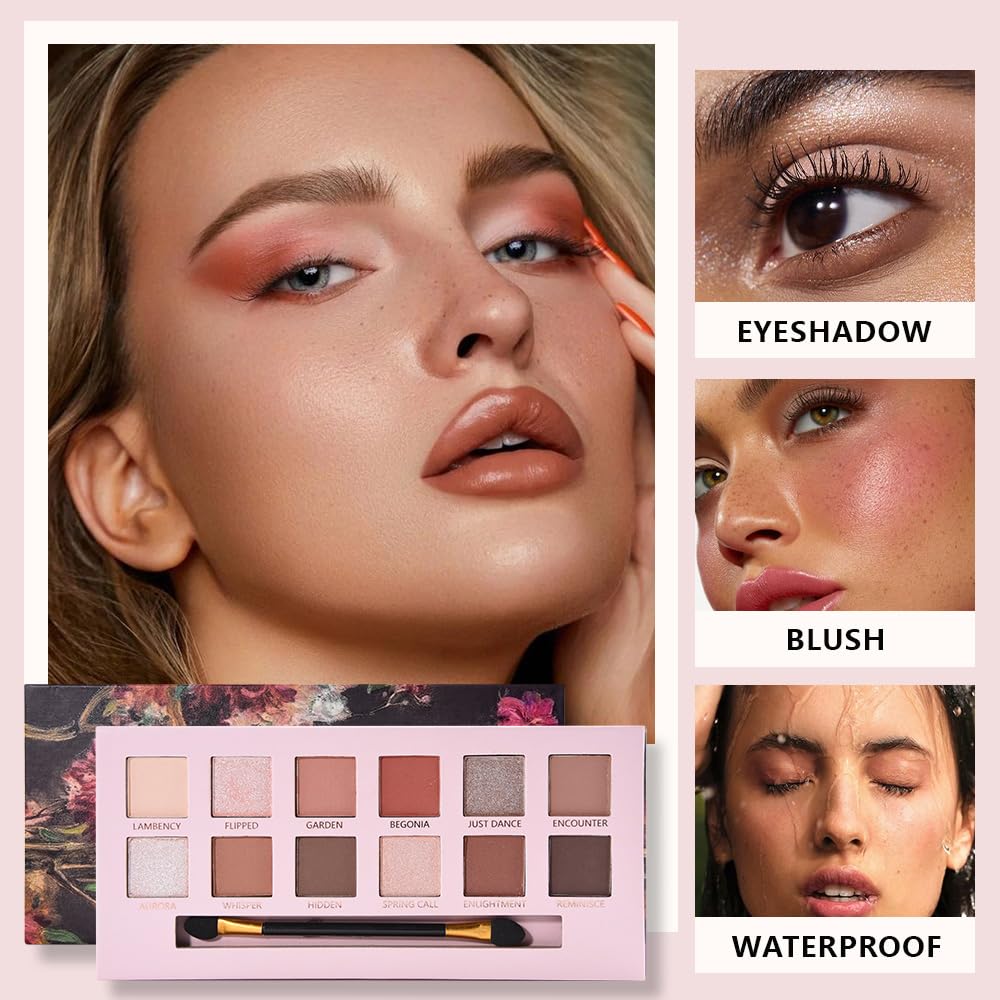 12Colors Eye Shadow Palette With Mirror and Brush,Nude Pink Brown Neutral Natural Eyeshadow Palette,Long Lasting Waterproof Travel Size Makeup Pallete-GlimoraGlow