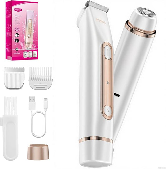 2 in 1 Bikini Trimmer for Women, Dual Head Electric Razor, IPX7 Waterproof Wet/Dry Use Women Electric Shaver, Painless Body Facial Hair Remover for Bikini Legs Arm Underarm, (White)-GlimoraGlow