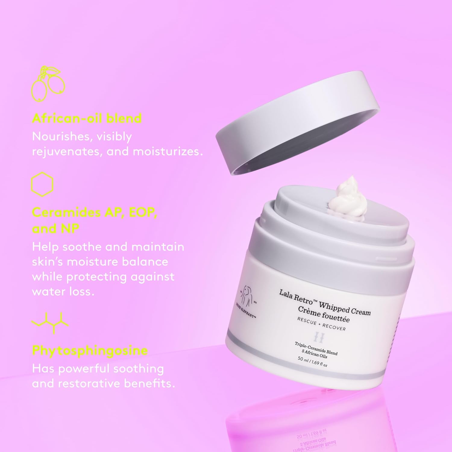 Drunk Elephant Lala Retro Whipped Cream - 50 ml/1.69 fl oz - Ceramide Moisturizer - Clean Clinical Skincare - Cruelty-Free - Dermatologist-Tested - Includes D-Bronzi Deluxe Sample (5 ml/.16 fl oz)-GlimoraGlow