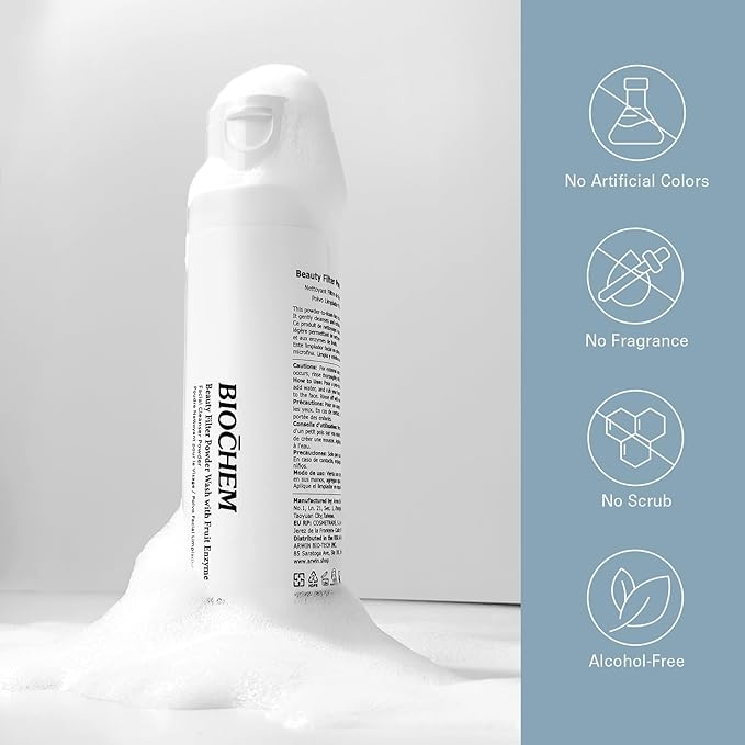 BIOCHEM Beauty Filter Powder Face Wash with Fruit Enzyme, Daily Wash with Papaya & Pineapple Enzyme, Gentle Plant-Based Low pH Exfoliator Cleanser for Women & Men, Sensitive Skin (1.59 fl oz / 45 g)-GlimoraGlow
