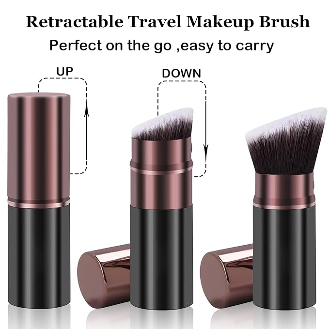 Retractable Makeup Brush, Travel Kabuki Powder Makeup Brush 2 Pack, Foundation Face Blush Brushes for Blending Liquid, Blush, Bronzer, Buffing, Sunscreen,Flawless Cosmetics-GlimoraGlow