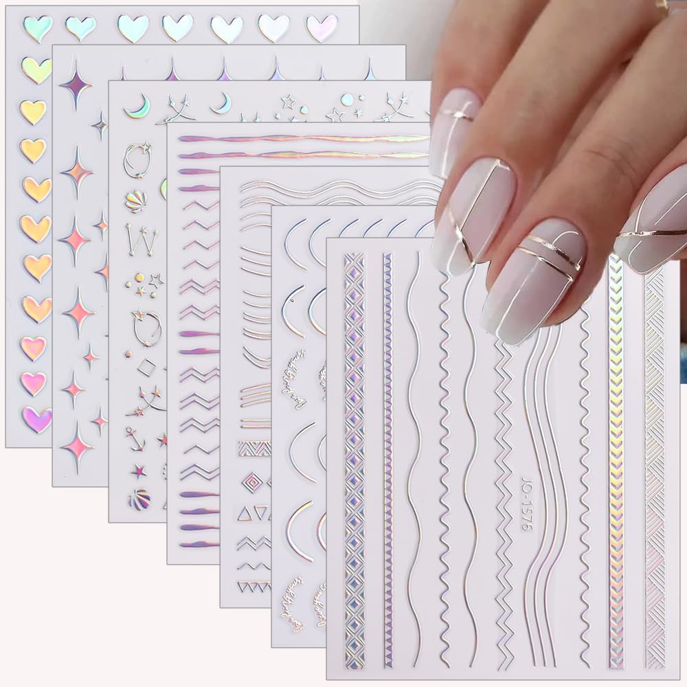 12 Sheets French Line Nail Art Stickers Aurora Star Heart Nail Decals Self-Adhesive Pegatinas Uñas Glitter Holographic Laser Silver Nail Supplies for Women Nail Art Design Decoration-GlimoraGlow