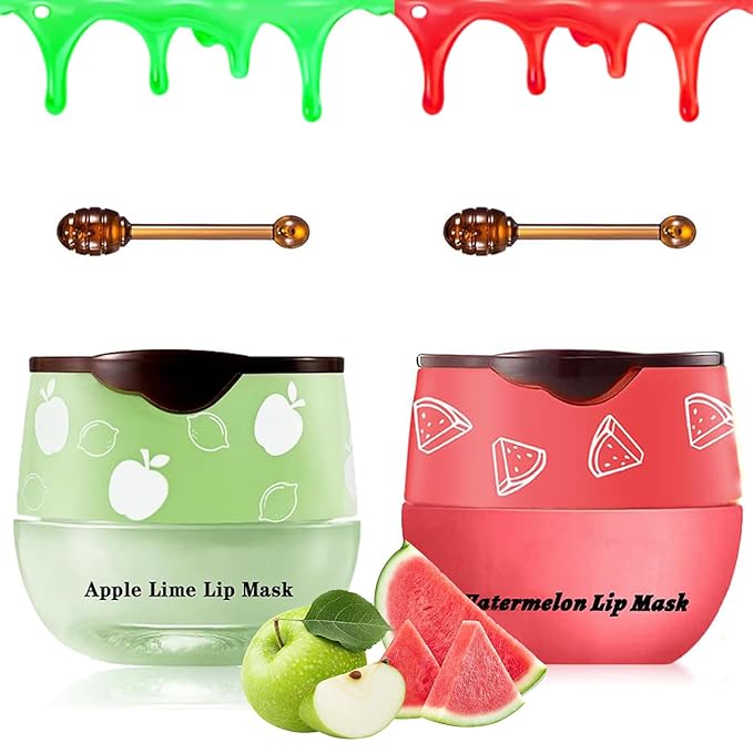 2 PCS Bee Lip Balm Honey Pot, Watermelon & Apple Lime Lip Sleeping Masks Overnight, Hydrating Prevention Dry and Cracked Lip Scrubs Exfoliator Lip Care, Reduces Lip Lines-GlimoraGlow