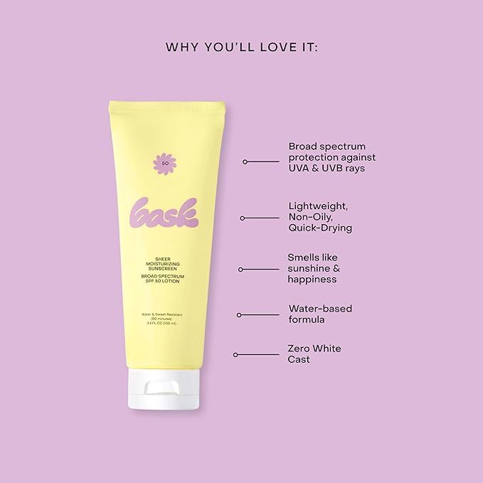 Bask Suncare SPF 50 Sheer Moisturizing Sunscreen Lotion - Broad Spectrum UVA/UVB Protection, Dermatologist Recommended, Hydrating, Lightweight & Fast Absorbing, No White Cast, Travel Size, 3.4 fl oz-GlimoraGlow