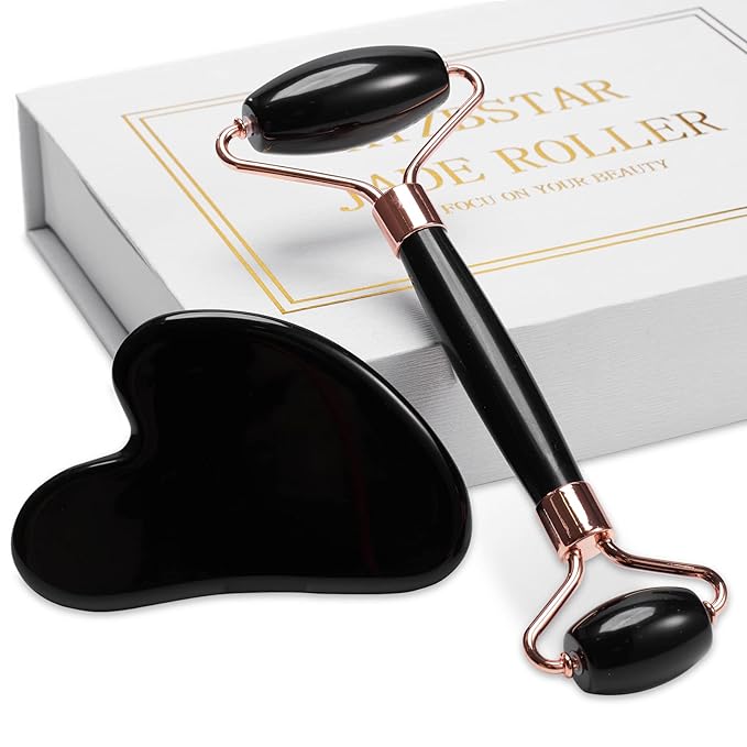 Jade Roller for Face, Facial Roller Massager Skin Care Tool, Gua Sha Facial Tools for Face, Neck, Eyes, Reduce Puffiness of The Skin (Black)-GlimoraGlow
