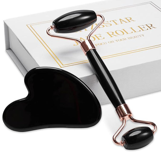 Jade Roller for Face, Facial Roller Massager Skin Care Tool, Gua Sha Facial Tools for Face, Neck, Eyes, Reduce Puffiness of The Skin (Black)-GlimoraGlow