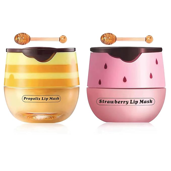 2 Pcs Strawberry & Honey Lip Balm, Lip Mask with Stick, Moisturizing Lip Sleeping Mask Day & Night Lip Care - Hydrate Repair Prevent Dry Cracked Exfoliate (Honey+Strawberry)-GlimoraGlow