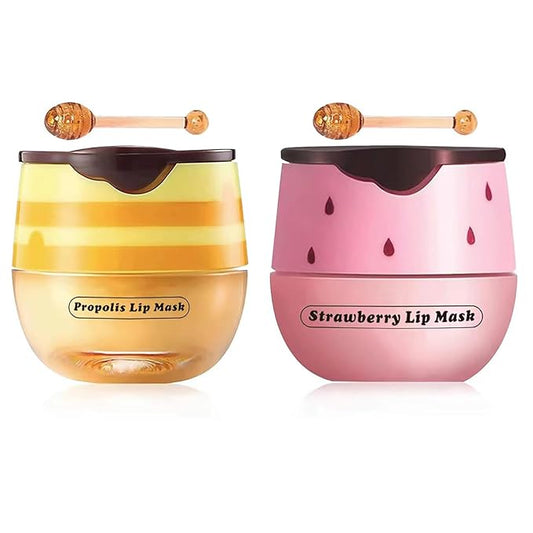 2 Pcs Strawberry & Honey Lip Balm, Lip Mask with Stick, Moisturizing Lip Sleeping Mask Day & Night Lip Care - Hydrate Repair Prevent Dry Cracked Exfoliate (Honey+Strawberry)-GlimoraGlow