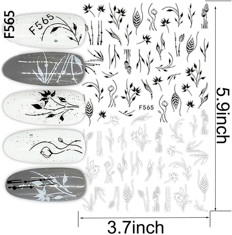10 Sheets Black White Leaves Flower Nail Art Stickers 3D Self-Adhesive Retro Floral Vine Pattern Nail Decals Tropical Plants Mandala Leaf Geometry Transfer Decals Nail Art Decorations for Women Girls-GlimoraGlow