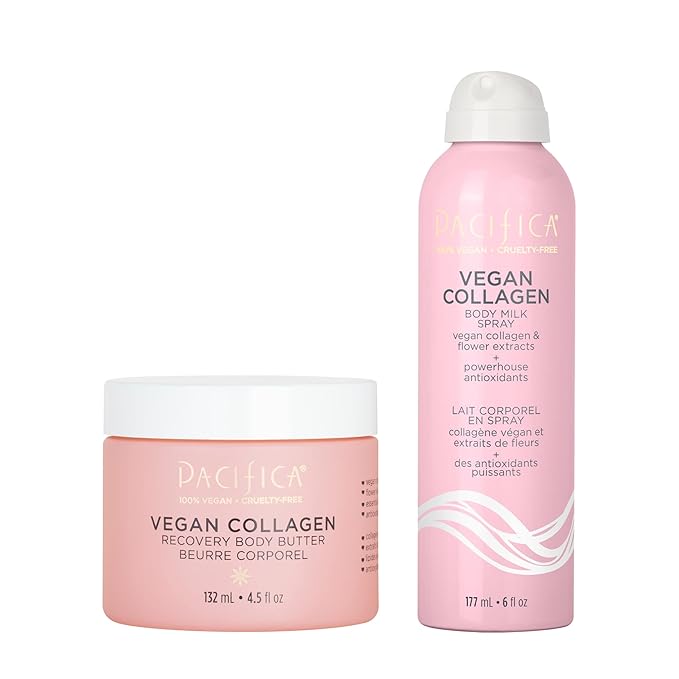Pacifica Beauty Vegan Collagen Recovery Body Butter and Body Milk Spray Set, Bath and Body, Shea, Vitamin E, Hyaluronic Acid, Body Lotion, Non Aerosol, Body Care, 4.5 fl oz and 6 fl oz (Set of 2)-GlimoraGlow