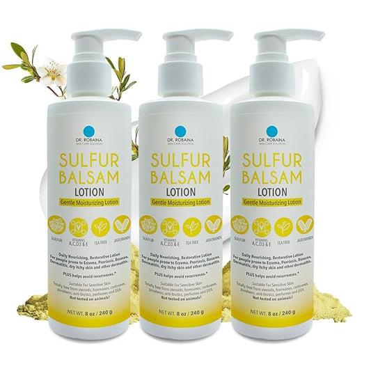 Dr. Robaina Sulfur Balsam Lotion – Lightweight Moisturizer for Dry, Flaky & Itchy Skin – Calms Redness, Supports Skin Barrier & Locks Hydration – Shea Butter & Tea Tree – 8 fl oz, USA Made-GlimoraGlow