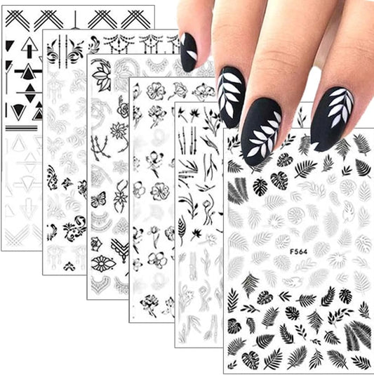 10 Sheets Black White Leaves Flower Nail Art Stickers 3D Self-Adhesive Retro Floral Vine Pattern Nail Decals Tropical Plants Mandala Leaf Geometry Transfer Decals Nail Art Decorations for Women Girls-GlimoraGlow